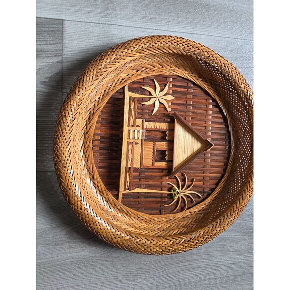 Set Of 3 Handcrafted Bamboo & Rattan Wall Decor Tropical Hut & Palm Tree Design - Picture 9 of 13